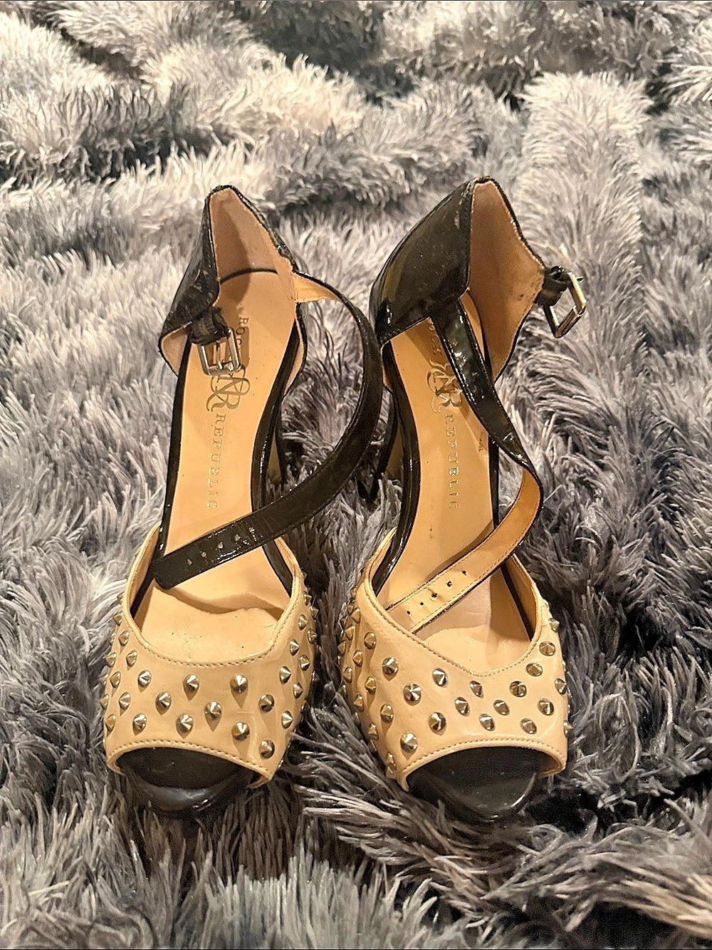 Rock & Republic Studded Ankle Strap Heels in Tan & Black